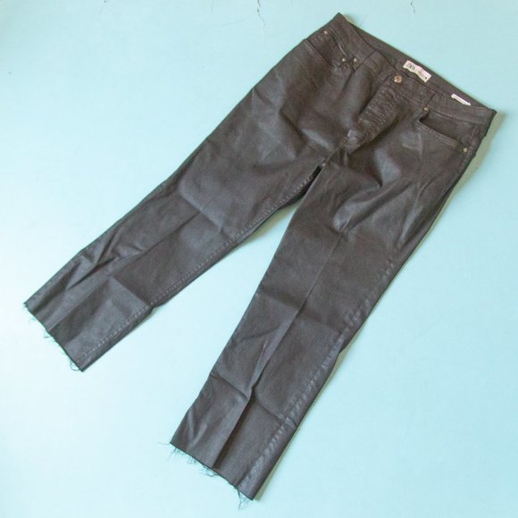 Zara Dreed Flare Raw Hem Cropped Faux Leather Waxed Denim Jeans Size US 14 - Picture 2 of 10